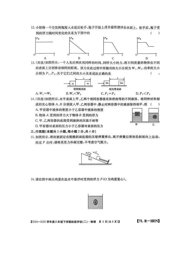 河南省驻马店市泌阳县二校联考2024-2025学年八年级下学期6月月考（图片版）物理试卷第3页