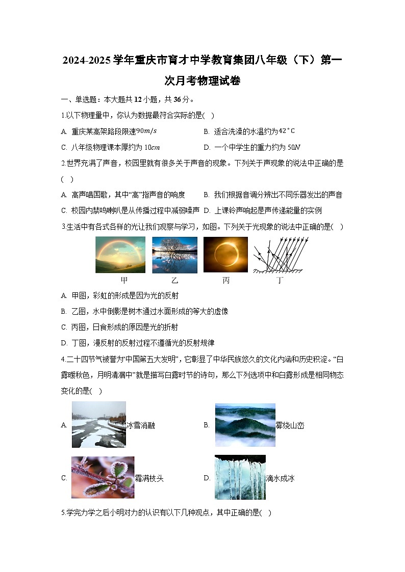 重庆市育才中学教育集团2024-2025学年八年级下学期第一次月考物理试卷（解析版）第1页