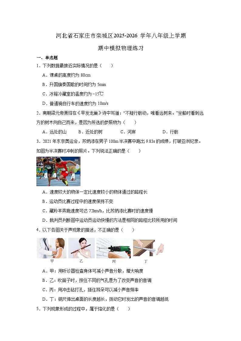 河北省石家庄市栾城区2025-2026学年八年级上学期期中模拟物理练习第1页