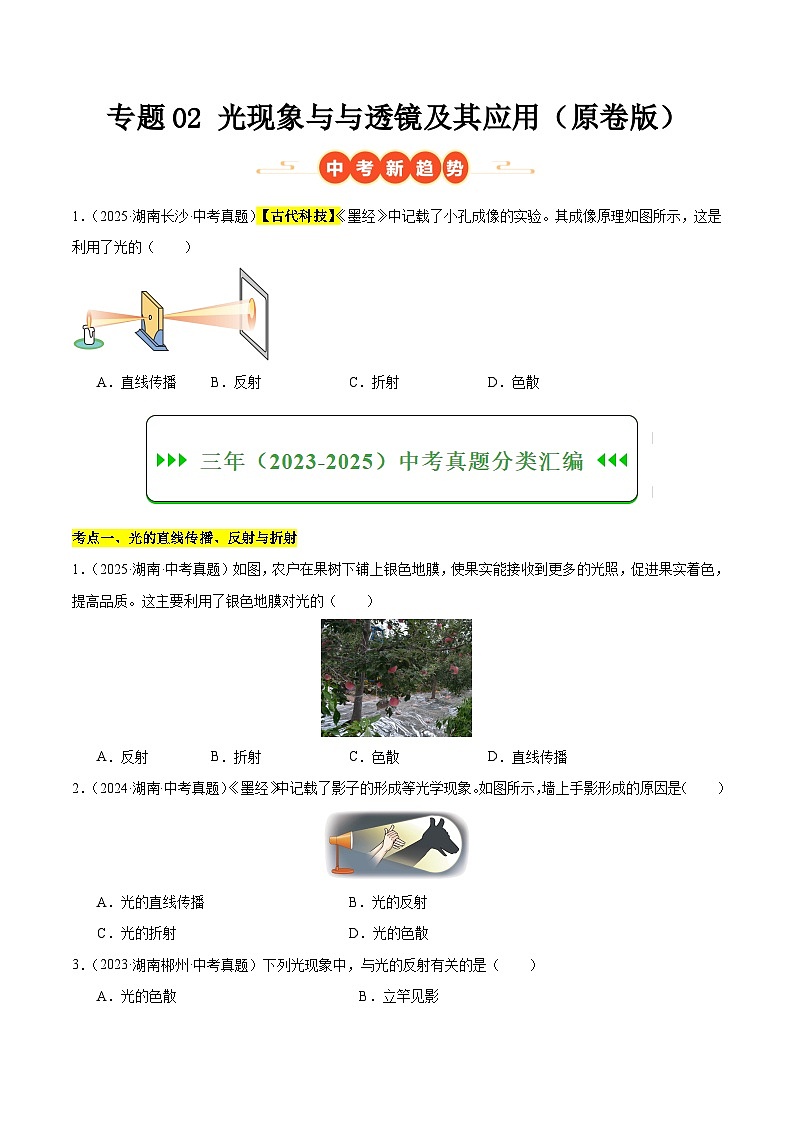专题02 光现象与透镜及其应用（湖南专用）（原卷版）第1页