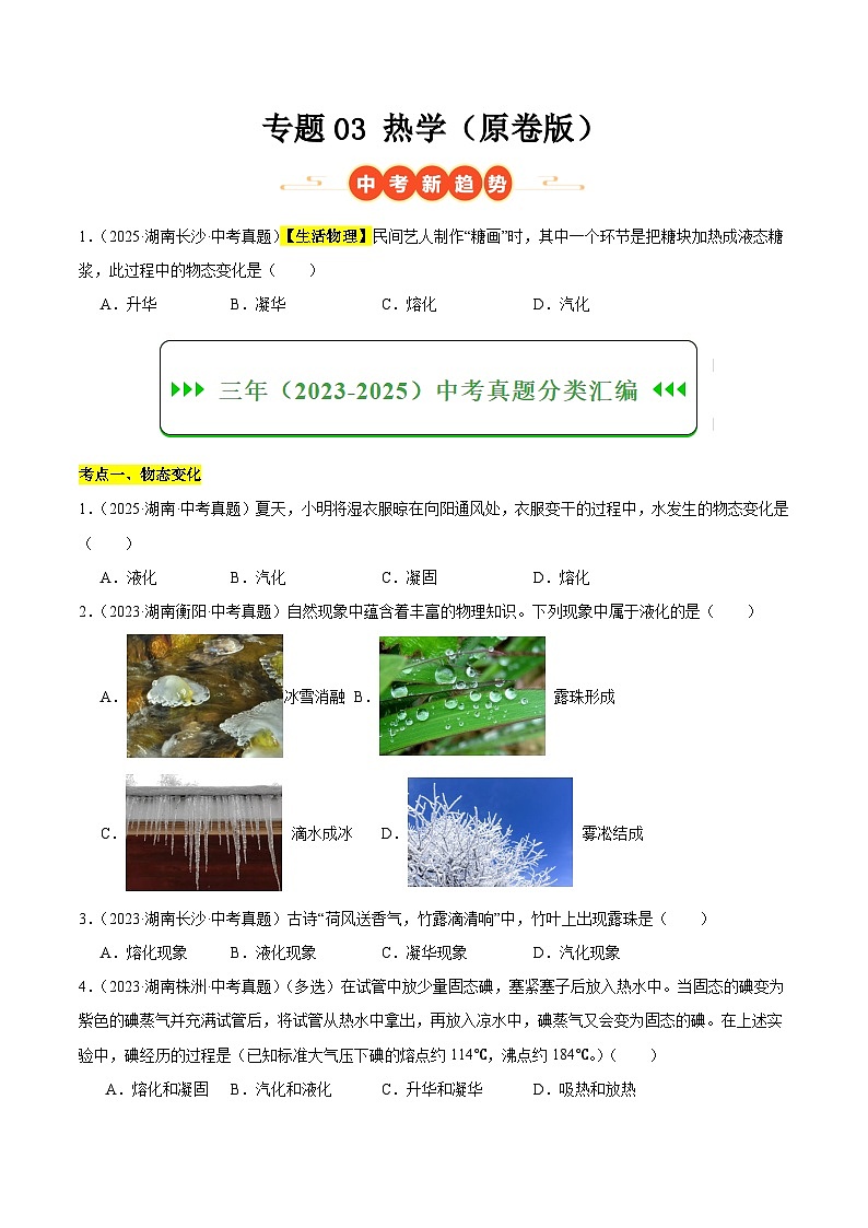 专题03 热学（湖南专用）（原卷版）第1页