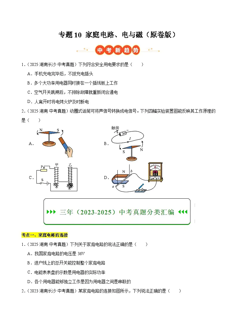 专题10 家庭电路、电与磁（湖南专用）（原卷版）第1页
