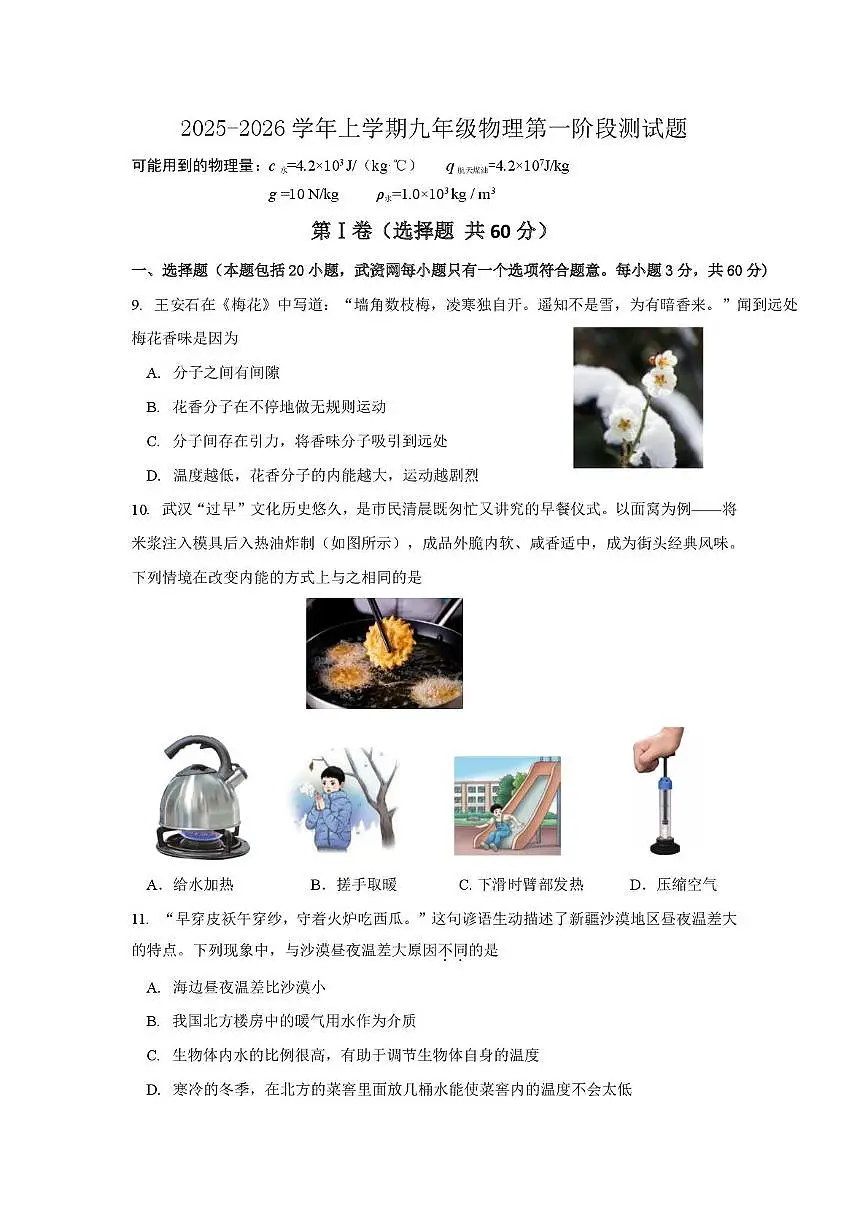 湖北省武汉市东西湖区2025-2026学年九年级上学期10月月考物理试题第1页