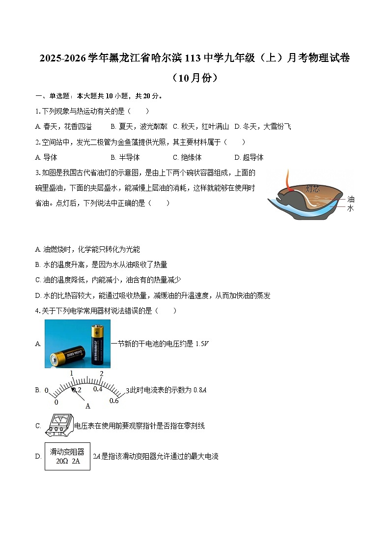 2025-2026学年黑龙江省哈尔滨113中学九年级（上）月考物理试卷（10月份）-自定义类型第1页