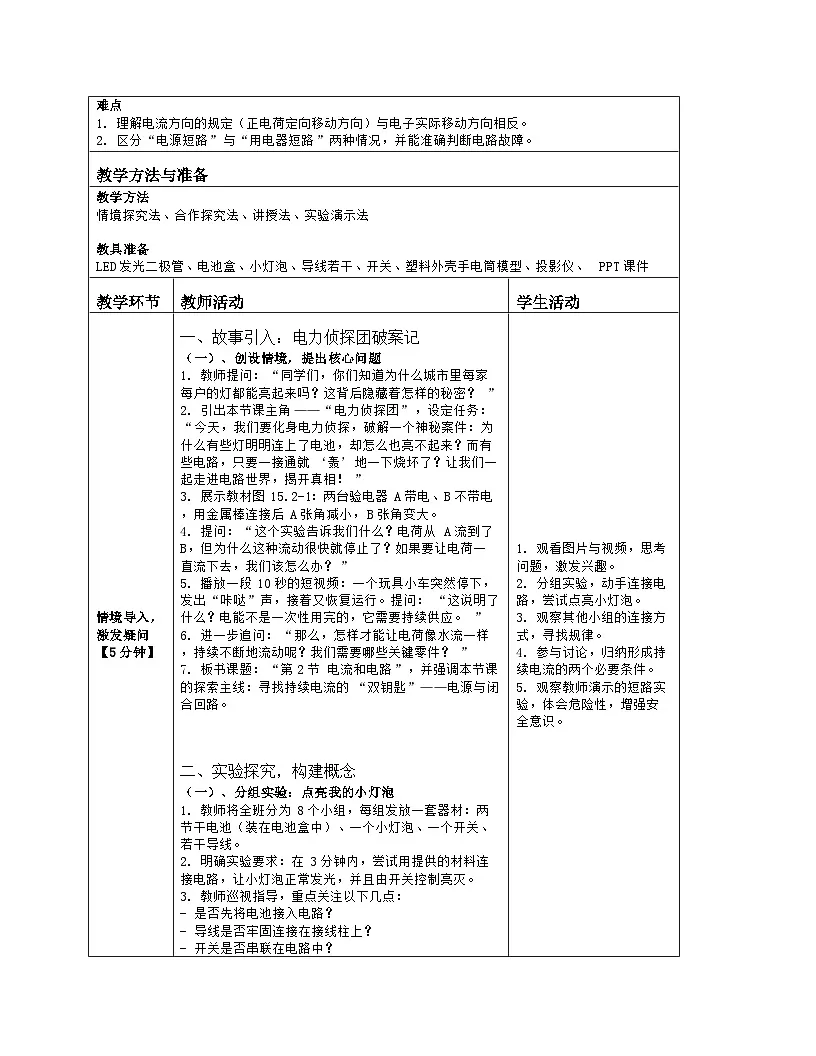 《第一十五章 电流和电路：2 电流和电路》教学设计（表格版）-2025-2026学年人教版（2024）物理九年级全一册第2页