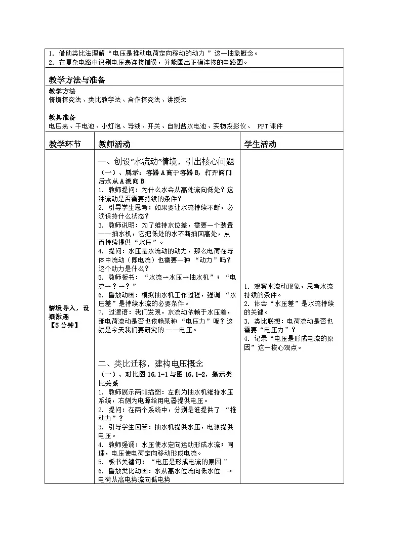 《第一十六章 电压 电阻：1 电压》教学设计（表格版）-2025-2026学年人教版（2024）物理九年级全一册第2页