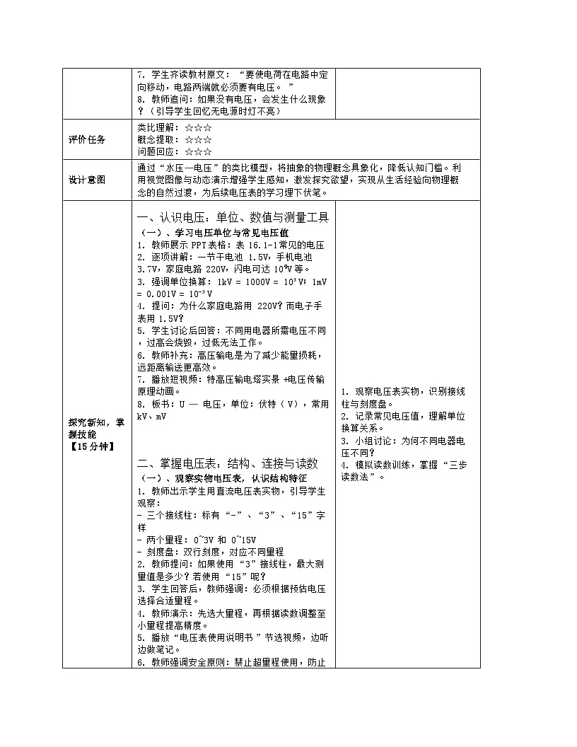 《第一十六章 电压 电阻：1 电压》教学设计（表格版）-2025-2026学年人教版（2024）物理九年级全一册第3页