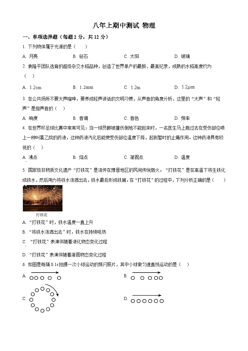 精品解析：吉林省长春市九台区多校联考2024-2025学年八年级上学期期中物理试题（原卷版）第1页
