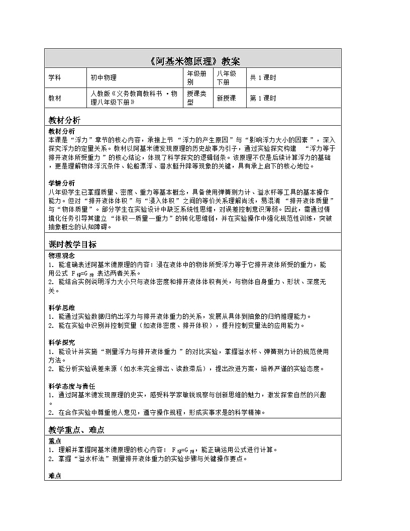 《第十章 浮力：2 阿基米德原理》教学设计（表格版）-2025-2026学年人教版（2024）物理八年级下册第1页