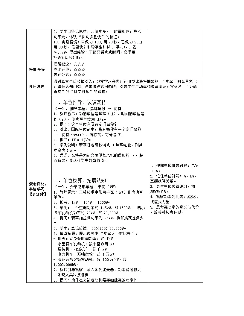 《第一十一章 功和机械能：2 功率》教学设计（表格版）-2025-2026学年人教版（2024）物理八年级下册第3页