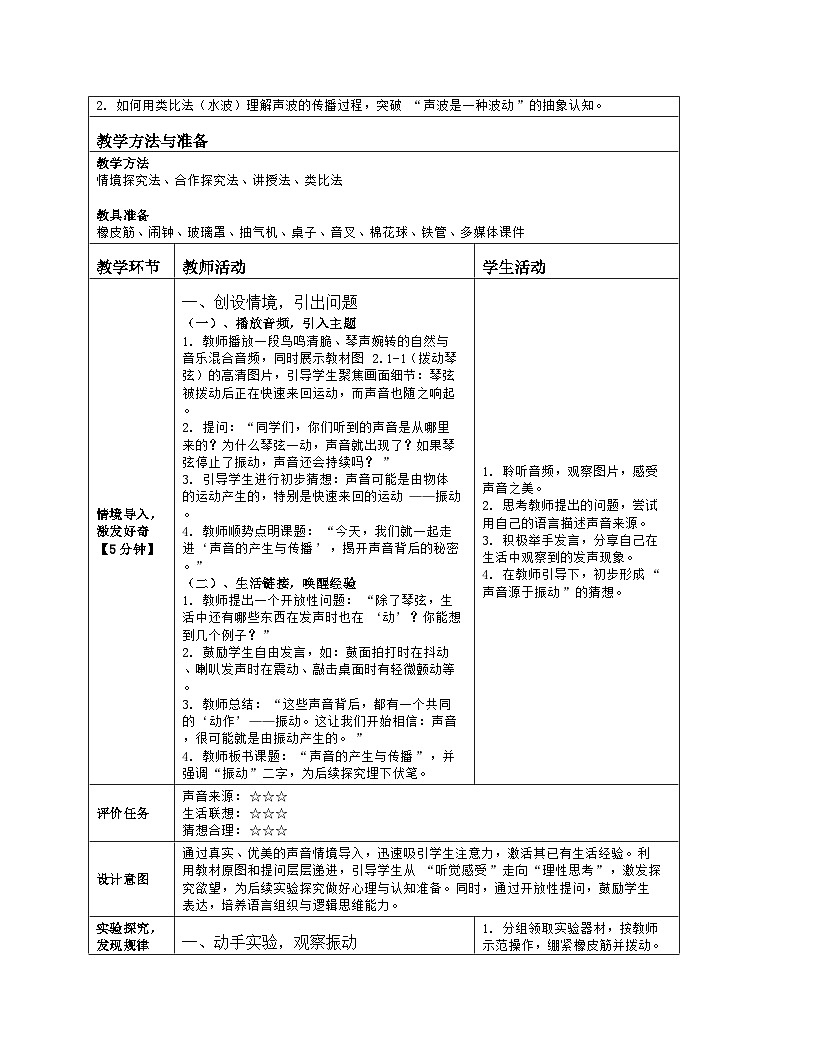 《第二章 声现象：1 声音的产生与传播》教学设计（表格版）-2025-2026学年人教版（2024）物理八年级上册第2页