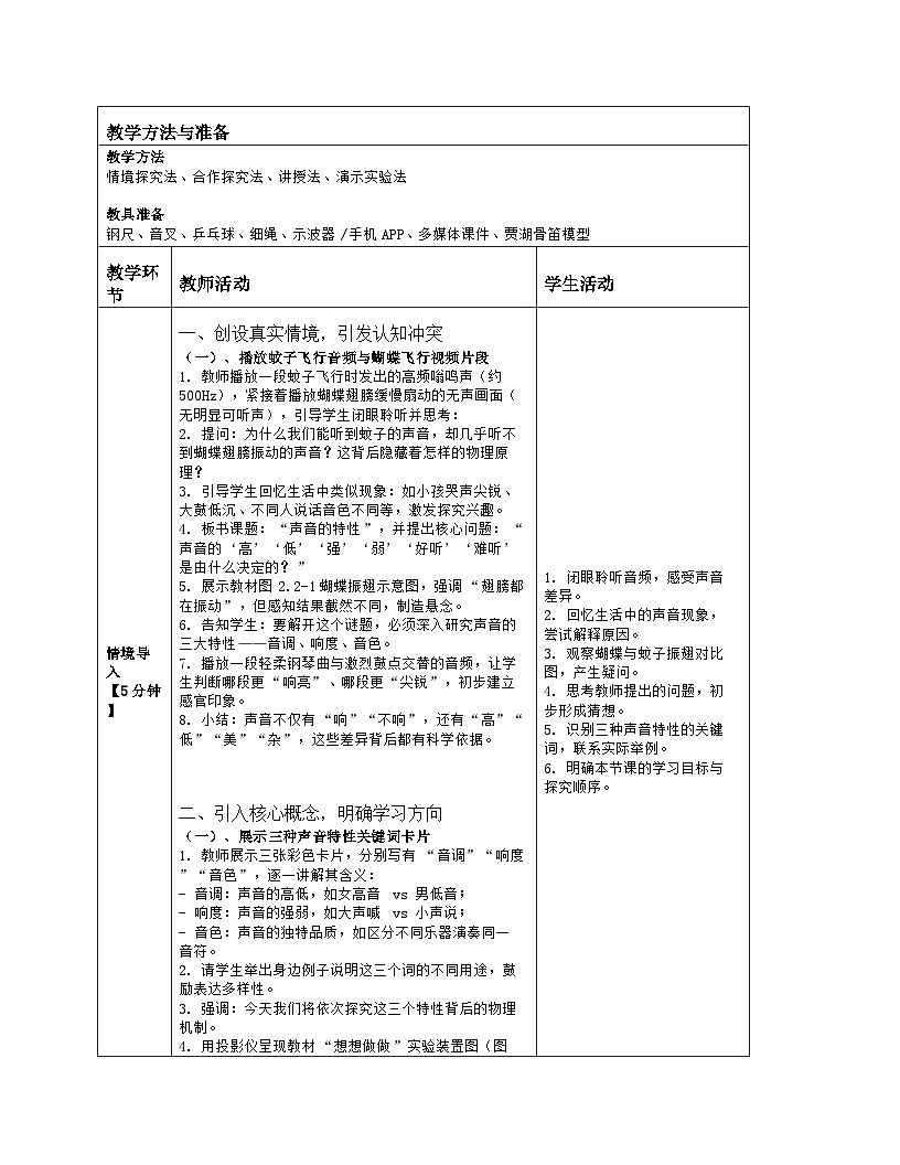 《第二章 声现象：2 声音的特性》教学设计（表格版）-2025-2026学年人教版（2024）物理八年级上册第2页