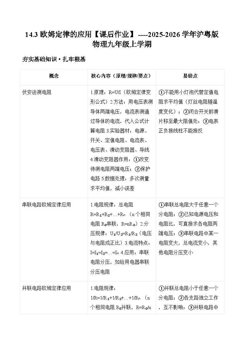 沪粤版2025-2026学年物理九年级上学期14.3 欧姆定律的应用【课后作业】-习题【含解析】第1页