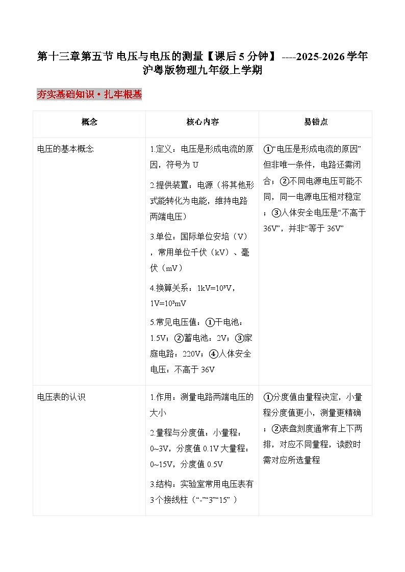 沪粤版2025-2026学年物理九年级上学期第一十三章第五节 电压与电压的测量【课后5分钟】 -习题【含解析】第1页