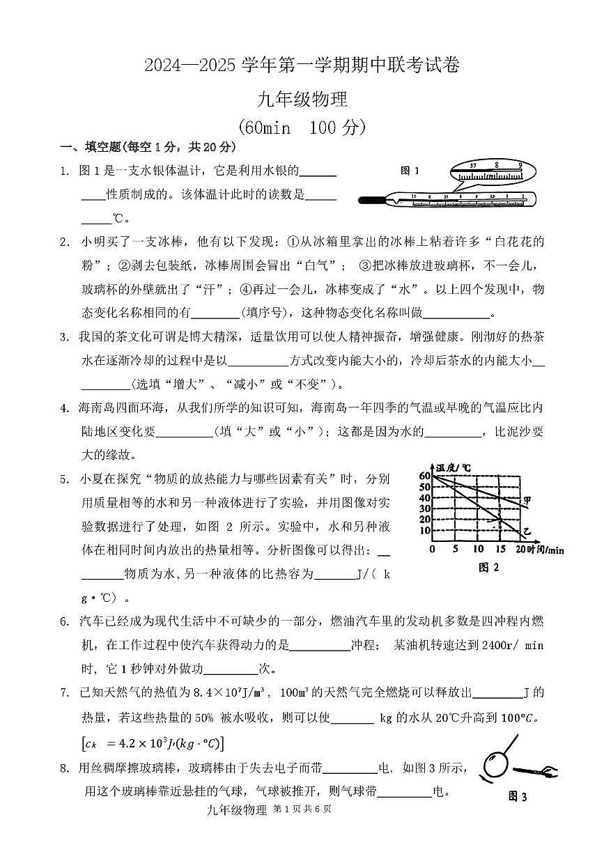 河南省安阳市联考2024-2025学年九年级上学期期中考物理试卷第1页