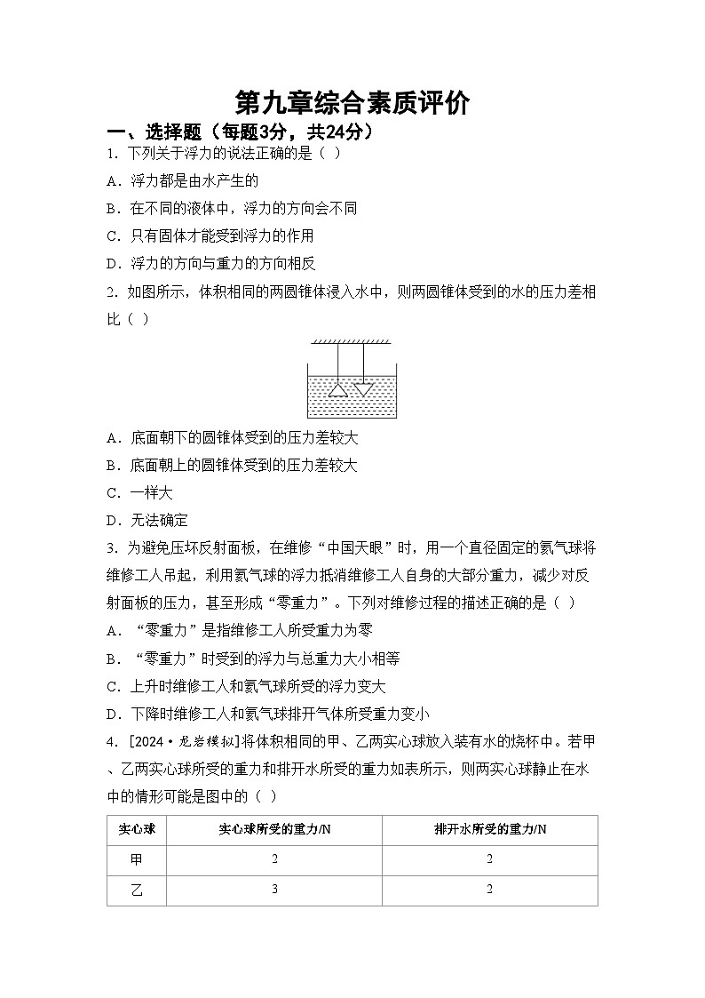 沪科版八年级物理下册 第九章 浮力综合素质评价卷（含答案）第1页