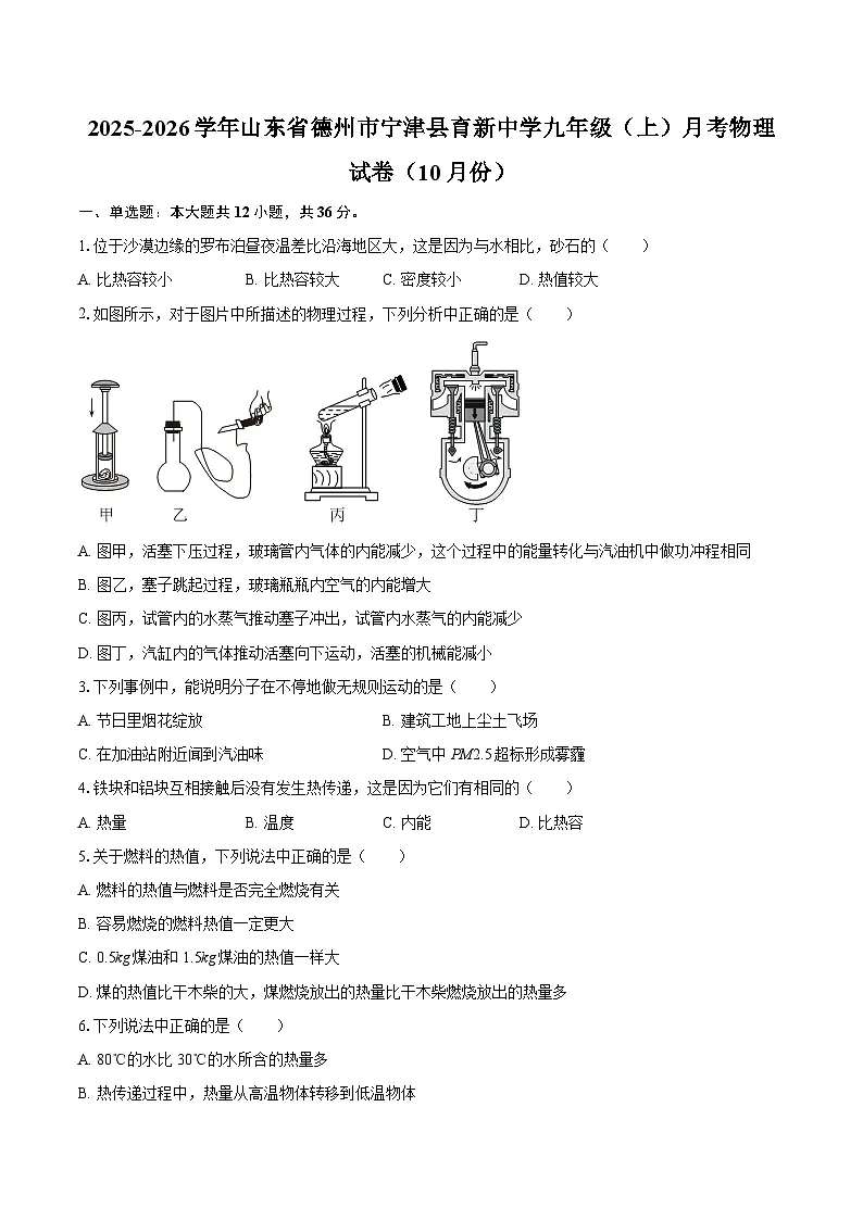 2025-2026学年山东省德州市宁津县育新中学九年级（上）月考物理试卷（10月份）-自定义类型第1页