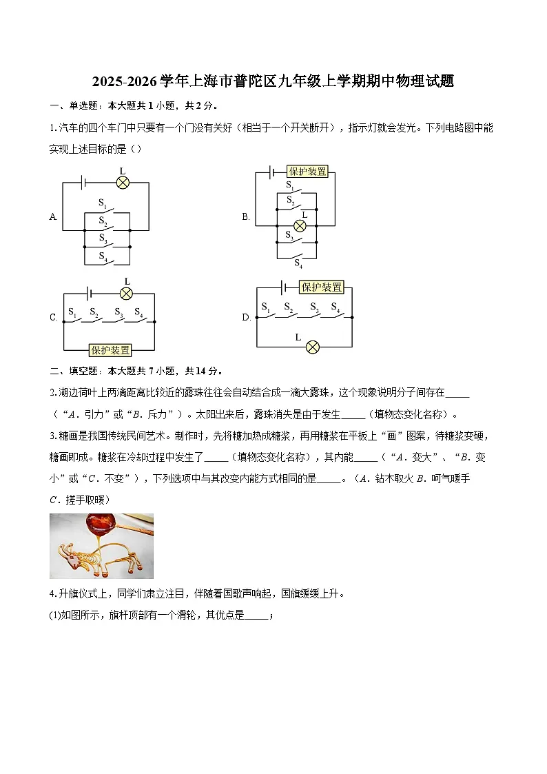 2025-2026学年上海市普陀区九年级上学期期中物理试题-自定义类型第1页
