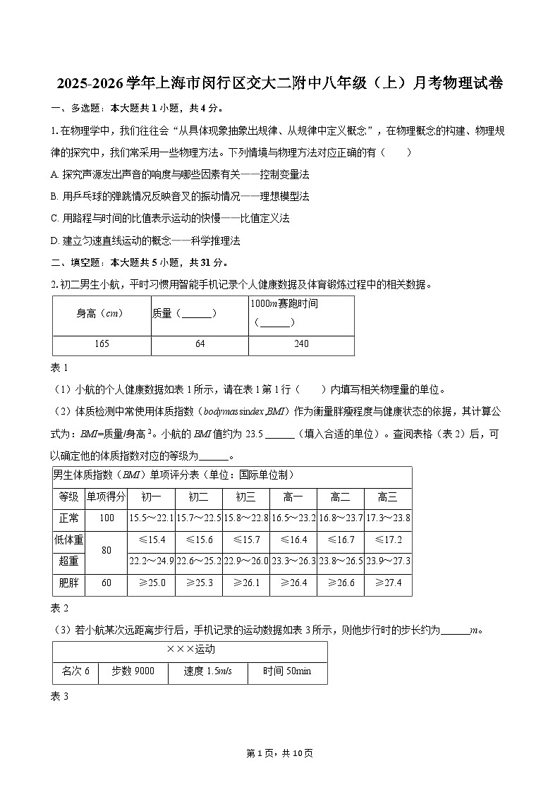 2025-2026学年上海市闵行区交大二附中八年级（上）月考物理试卷-自定义类型第1页