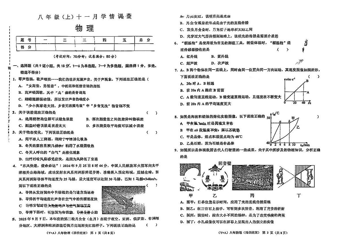 辽宁省营口市部分学校2025-2026学年八年级上学期11月期中物理试题第1页