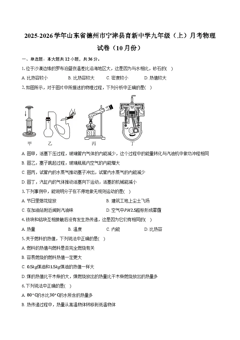 2025-2026学年山东省德州市宁津县育新中学九年级（上）月考物理试卷（10月份）第1页