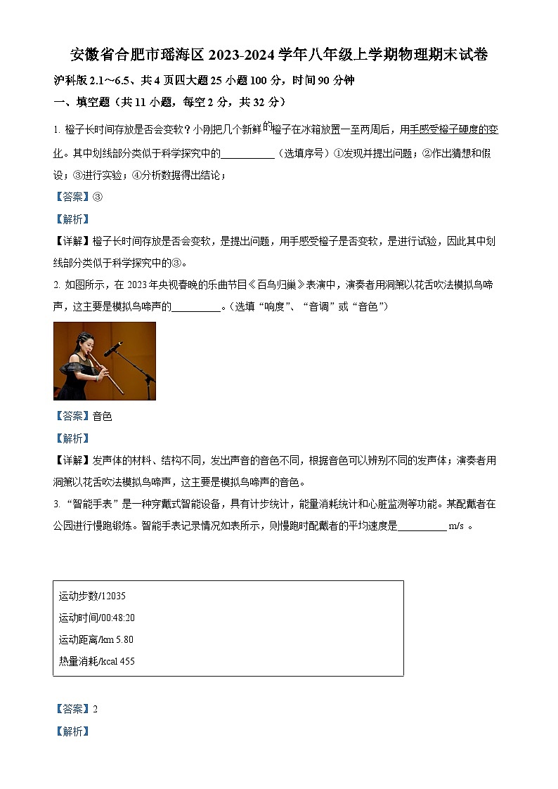 安徽省合肥市瑶海区八年级上学期期末考试物理试题（解析版）-A4第1页