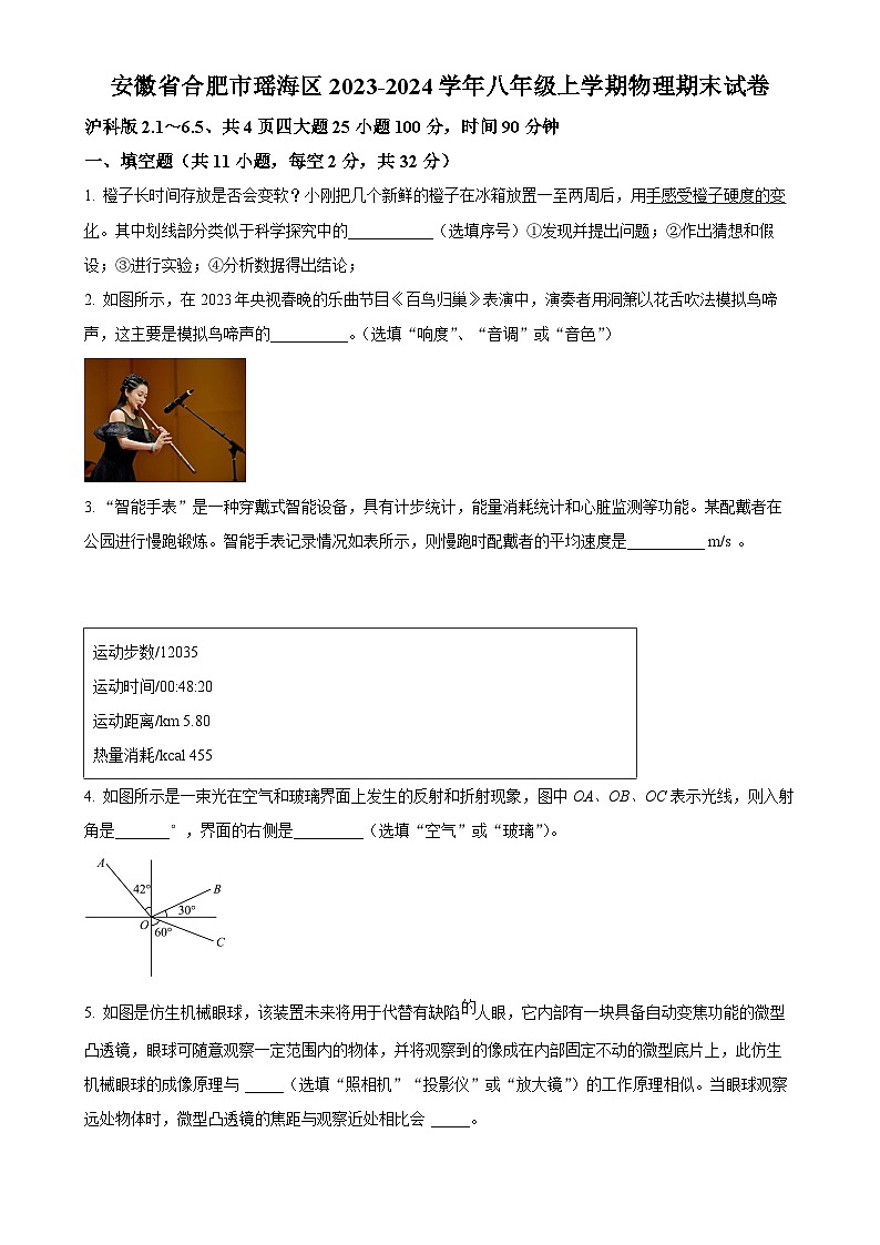 安徽省合肥市瑶海区八年级上学期期末考试物理试题（原卷版）-A4第1页