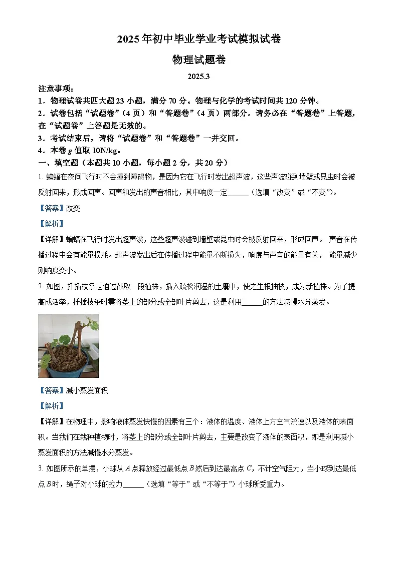 2025年安徽省合肥市瑶海区中考一模物理试题（解析版）-A4第1页
