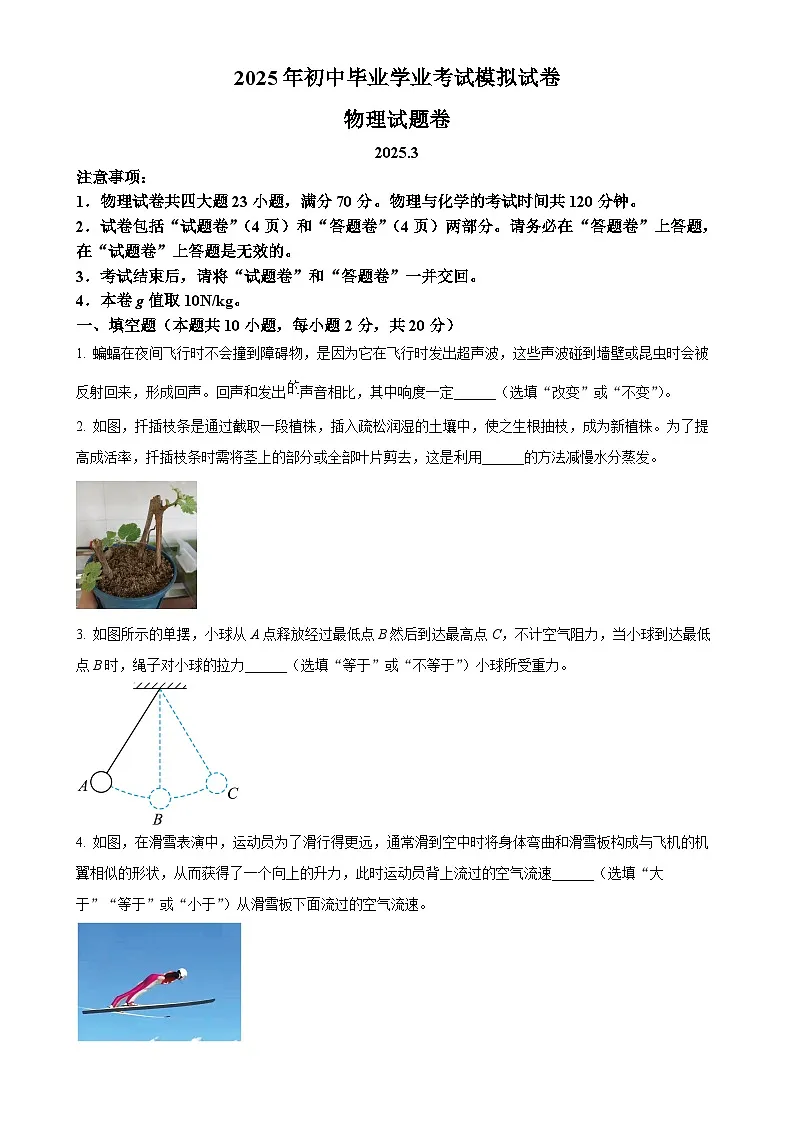 2025年安徽省合肥市瑶海区中考一模物理试题（原卷版）-A4第1页