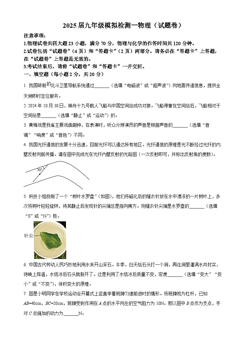 2025年安徽省滁州市全椒县中考一模物理试题-A4第1页