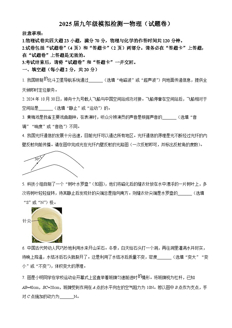 2025年安徽省滁州市全椒县中考一模物理试题（原卷版）-A4第1页