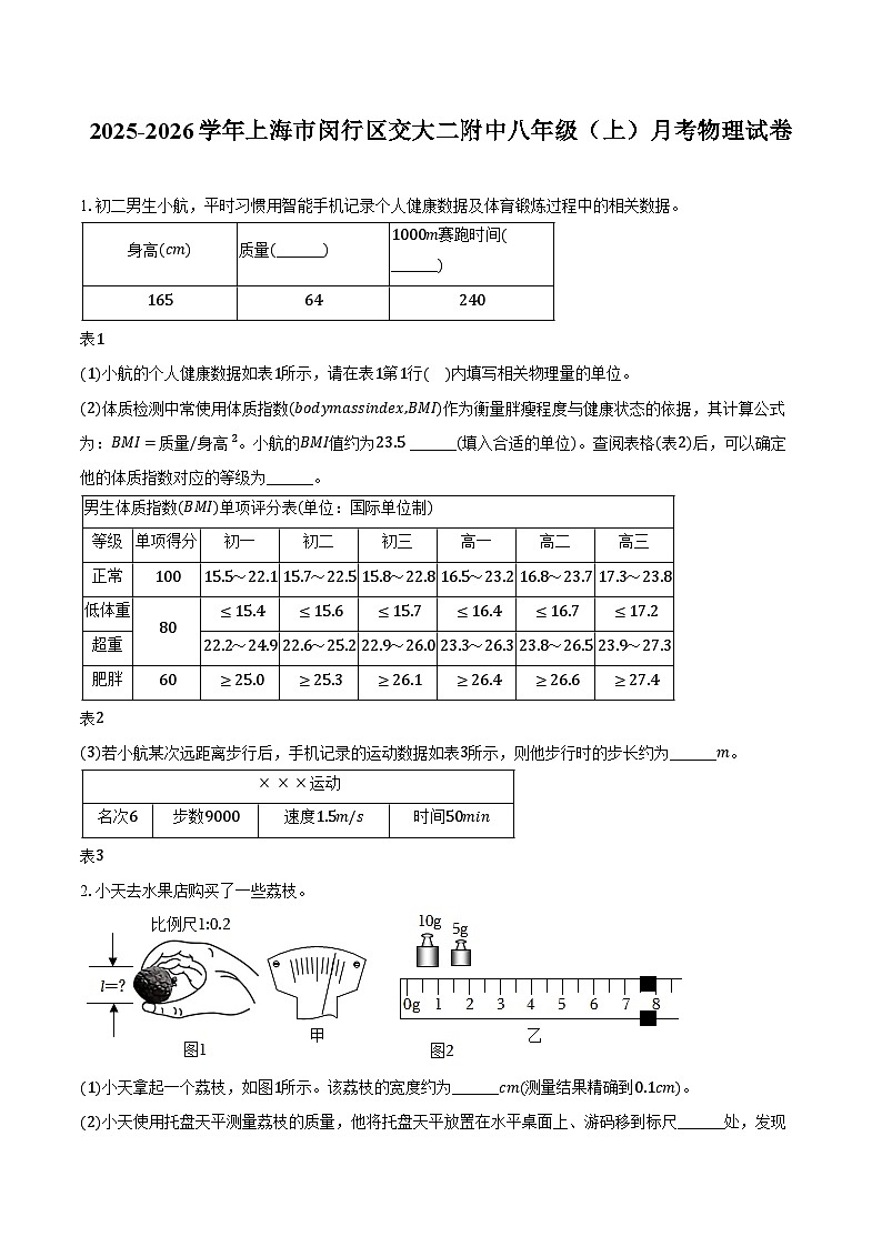 2025-2026学年上海市闵行区交大二附中八年级（上）月考物理试卷第1页