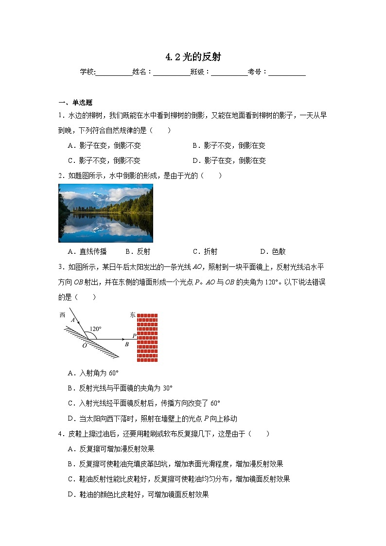 4.2光的反射随堂练习 北师大版物理八年级上册第1页