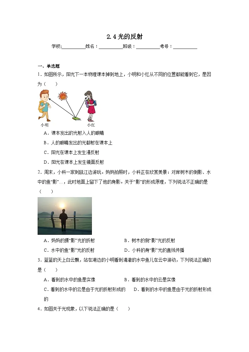 2.4光的反射随堂练习 苏科版物理八年级上册第1页