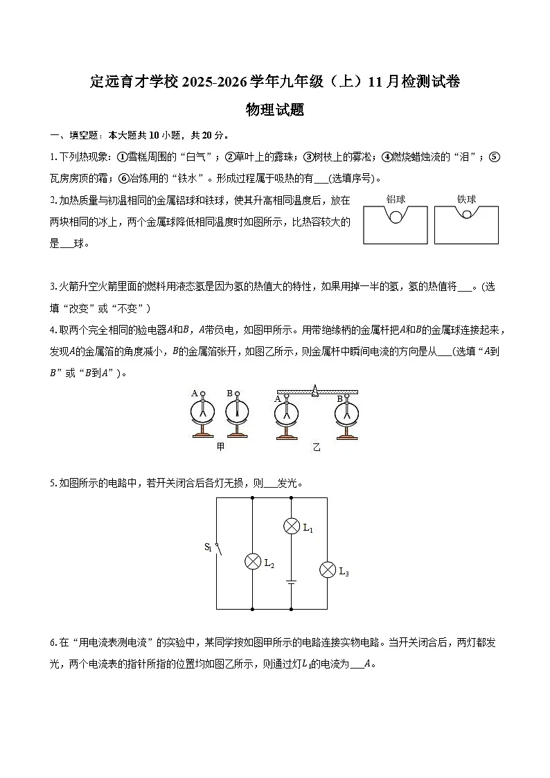 安徽省定远县育才学校2025-2026学年九年级（上）11月检测物理试卷第1页
