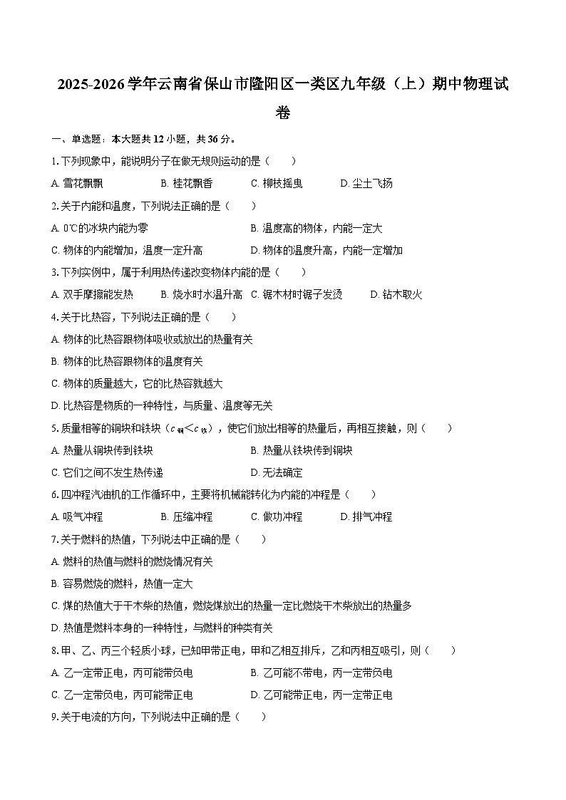 2025-2026学年云南省保山市隆阳区一类区九年级（上）期中物理试卷-自定义类型第1页