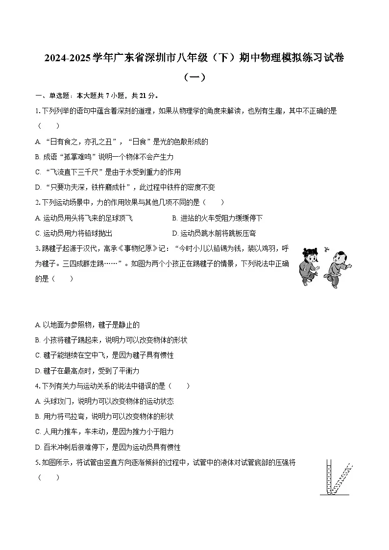 2024-2025学年广东省深圳市八年级（下）期中物理模拟练习试卷（一）-自定义类型第1页