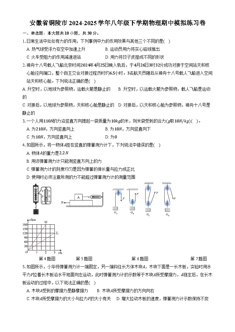 安徽省铜陵市八年级下学期物理期中模拟练习卷-A4第1页