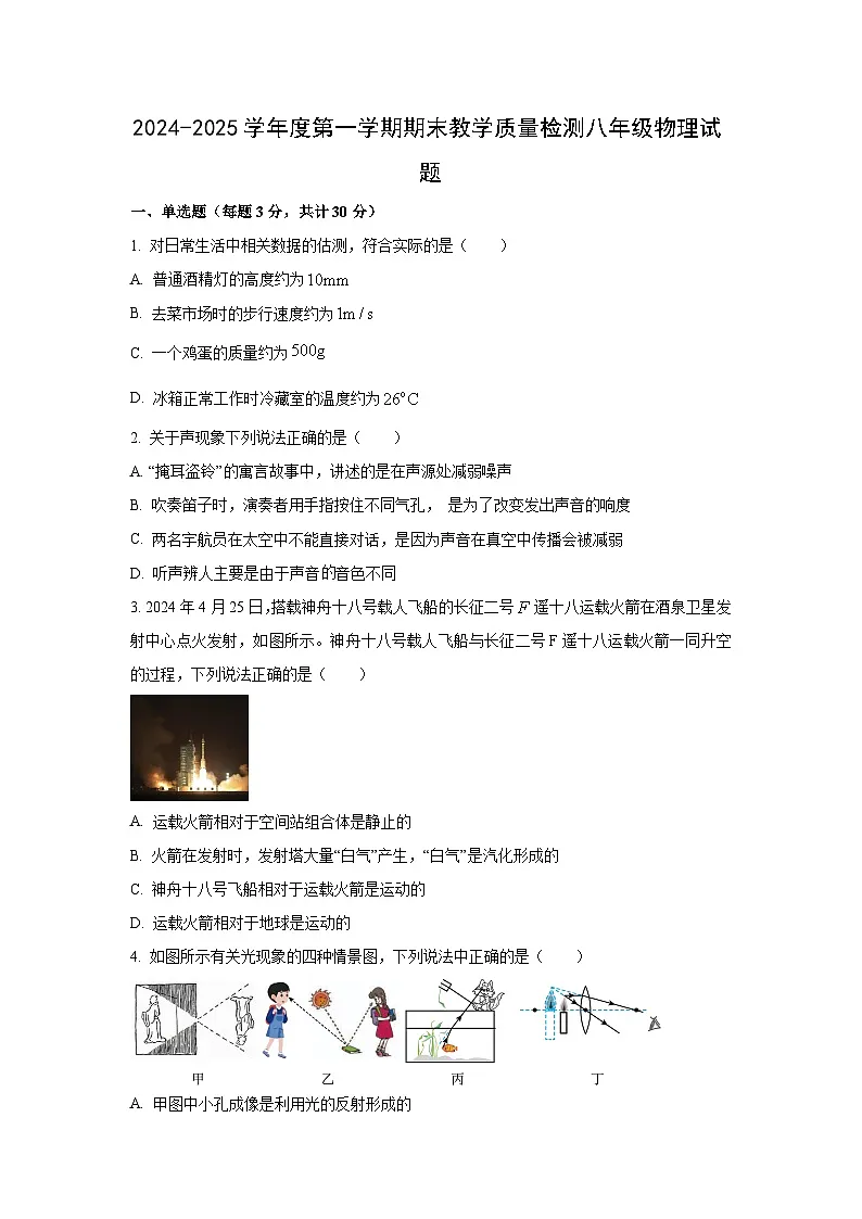 河北省石家庄市栾城区2024-2025学年八年级上学期期中考试物理试卷（学生版）第1页