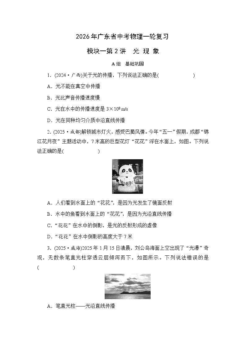 2026年广东省中考物理一轮复习模块一第2讲 光 现 象第1页