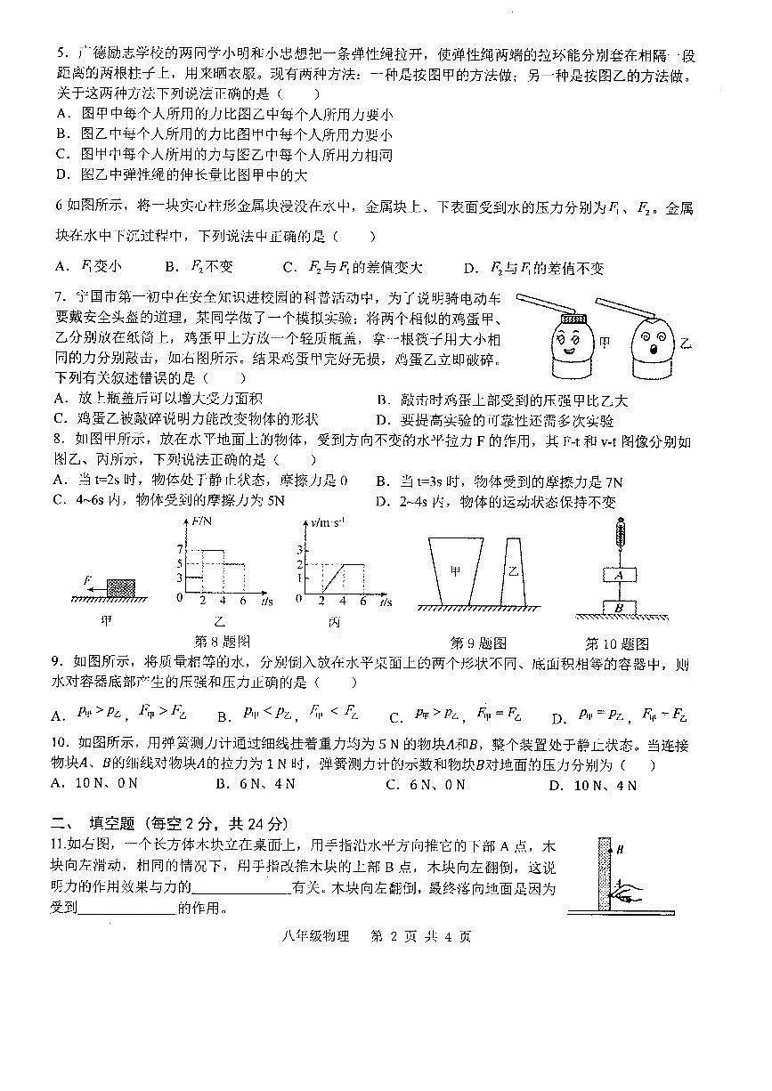 安徽省宣城市皖东南初中四校第二学期期中联考八年级物理试卷第2页