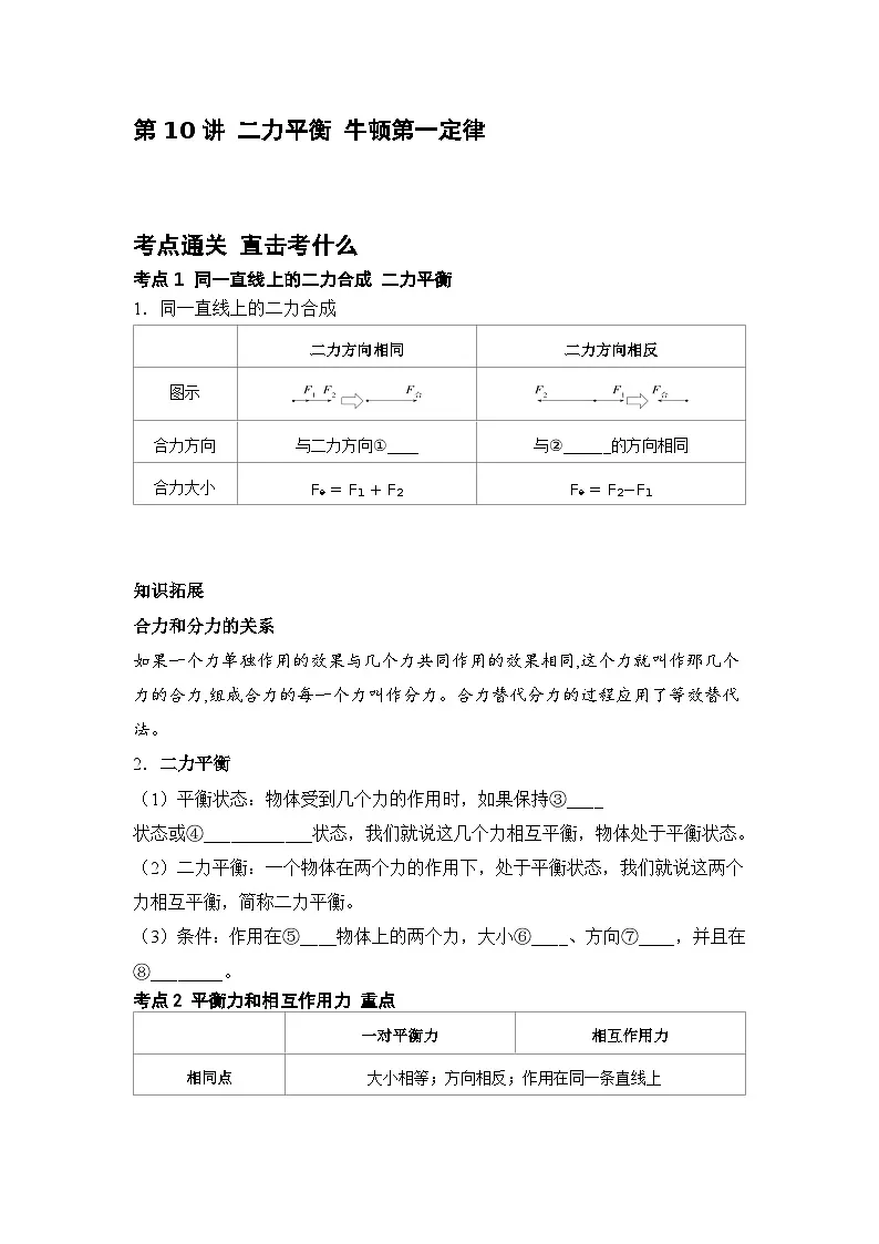 第10讲 二力平衡 牛顿第一定律 练习 2026年中考物理一轮复习（山东）第1页