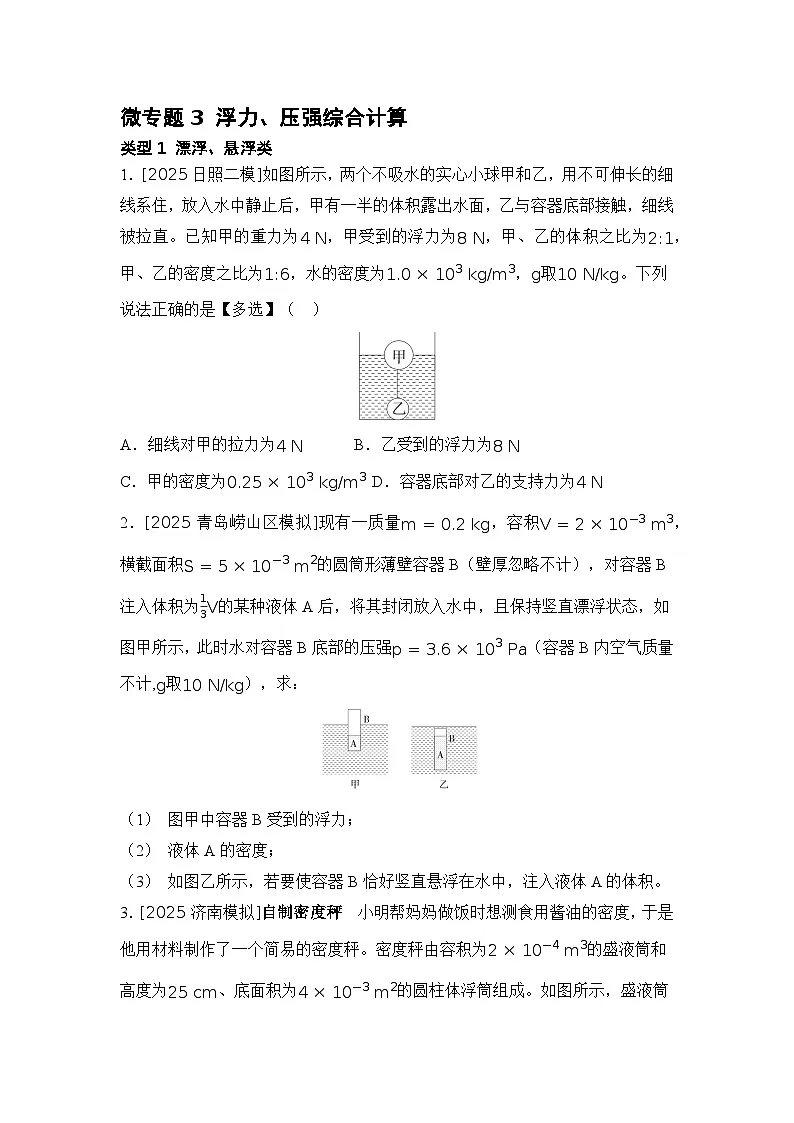 微专题3 浮力、压强综合计算 练习 2026年中考物理一轮复习（山东）第1页