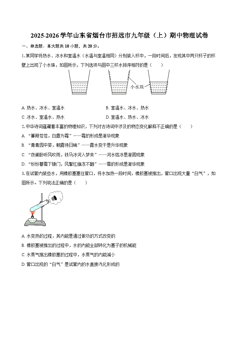 2025-2026学年山东省烟台市招远市九年级（上）期中物理试卷-自定义类型第1页