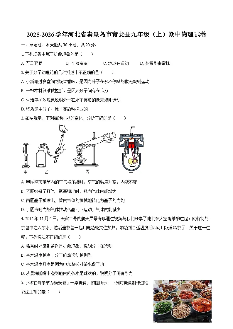 2025-2026学年河北省秦皇岛市青龙县九年级（上）期中物理试卷-自定义类型第1页