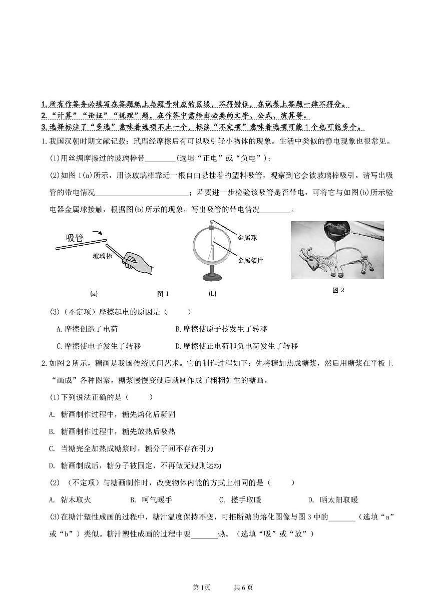 上海浦东新区民办正达外国语学校2025-2026学年上学期九年级物理期中试卷第1页