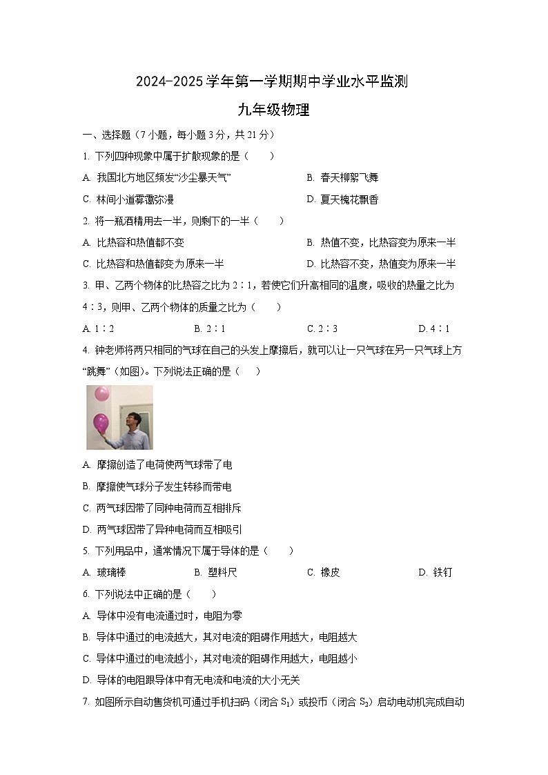 广东省韶关市新丰县2024-2025学年九年级上学期期中考试物理试题（学生版）第1页