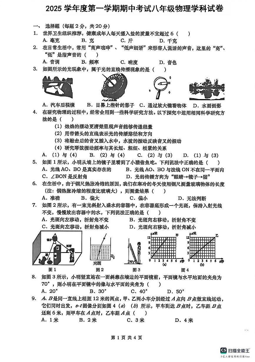 上海外国语大学附属浦东外国语学校2025-2026学年八年级上学期期中考试物理试卷第1页