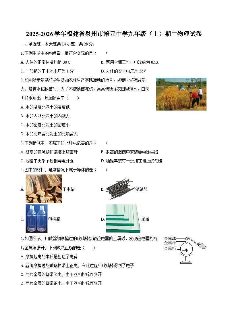 2025-2026学年福建省泉州市培元中学九年级（上）期中物理试卷-自定义类型第1页