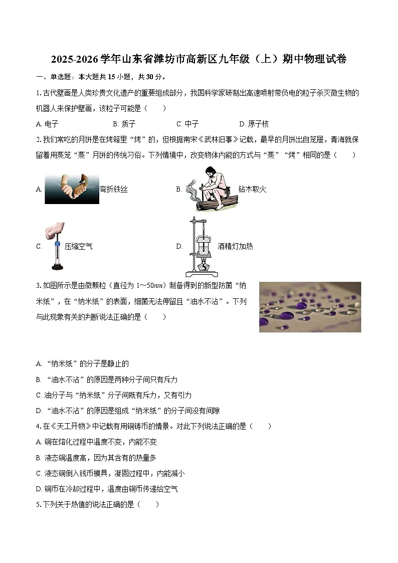 2025-2026学年山东省潍坊市高新区九年级（上）期中物理试卷-自定义类型第1页